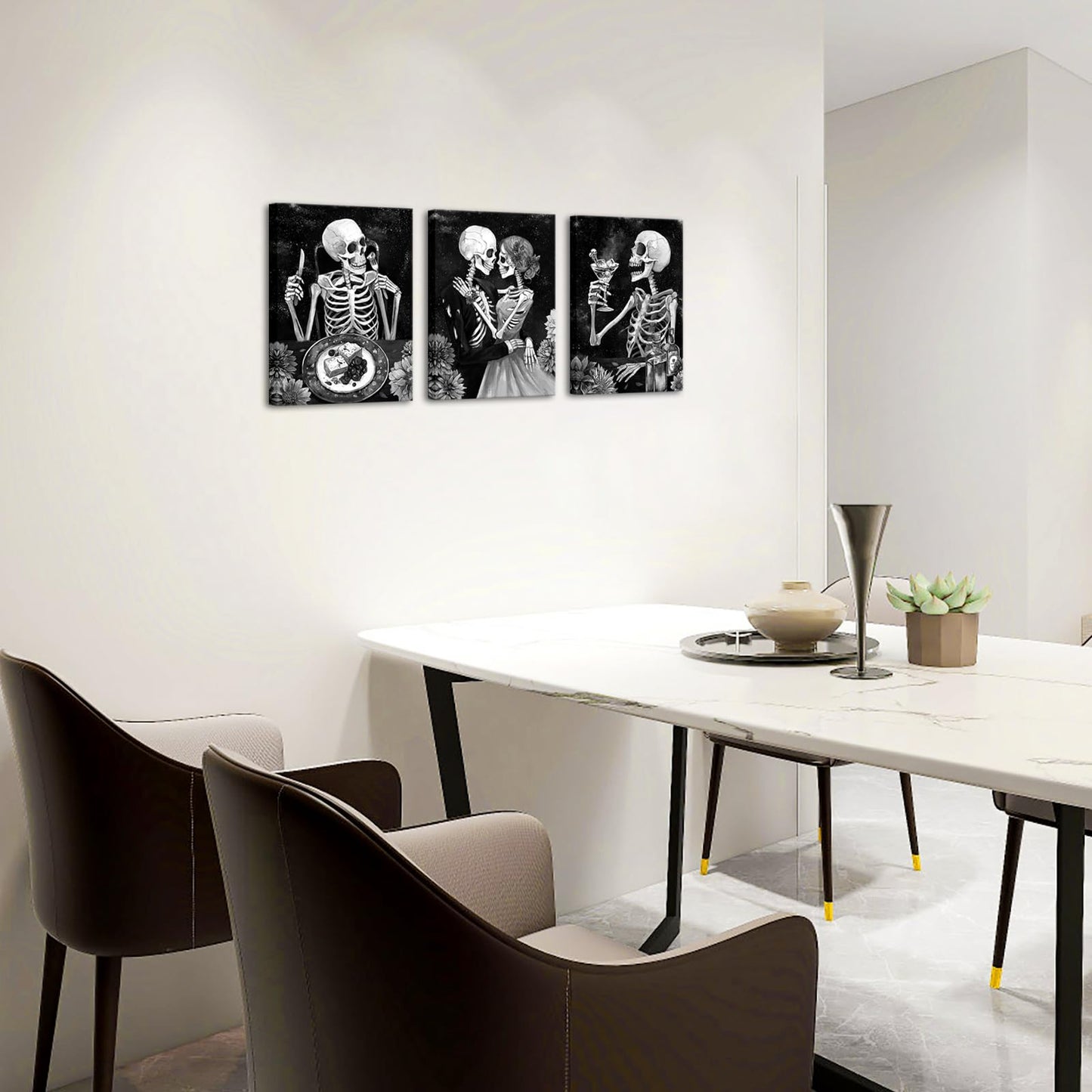 FuShvre Skeleton Kitchen Decor Black and White Skeleton Canvas Art Pictures Gothic Dining Room Decor Framed 12x16 inch (Black)