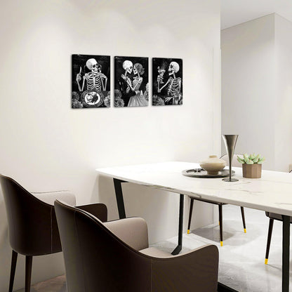 FuShvre Skeleton Kitchen Decor Black and White Skeleton Canvas Art Pictures Gothic Dining Room Decor Framed 12x16 inch (Black)