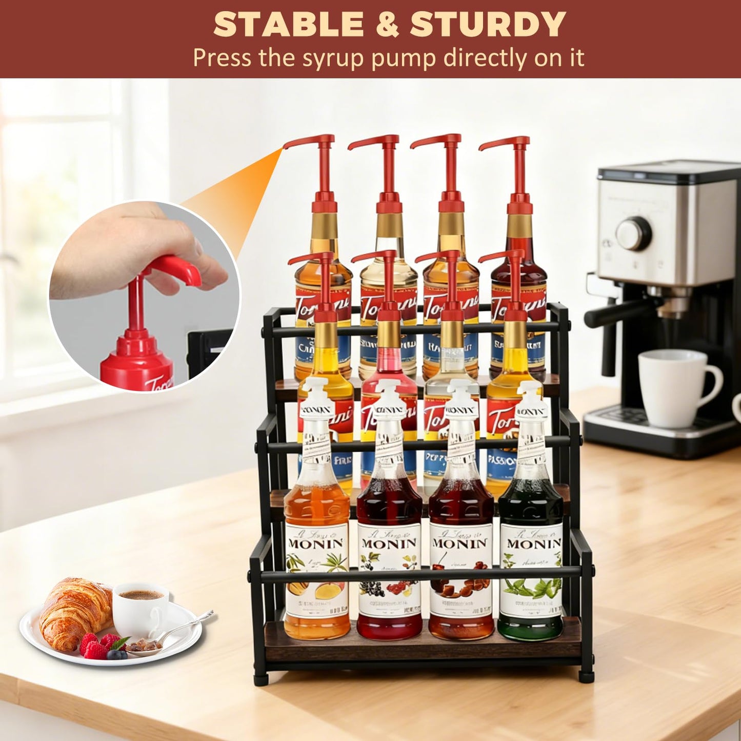 HRUSGO Coffee Syrup Rack Organizer - Metal Bottle Holder for 12 Bottles – Rustic Countertop Display Shelf for Coffee Bar, Kitchen Cabinet, Pantry Storage for Syrups, Liquor, Spice, Tea & Wine (3-Tier)