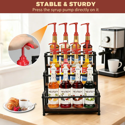 HRUSGO Coffee Syrup Rack Organizer - Metal Bottle Holder for 12 Bottles – Rustic Countertop Display Shelf for Coffee Bar, Kitchen Cabinet, Pantry Storage for Syrups, Liquor, Spice, Tea & Wine (3-Tier)