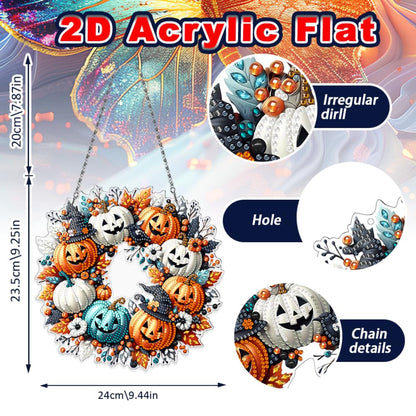 Yimofy Halloween Pumpkin Wreath Diamond Art Hanging Kits for Adults, DIY Double Sided Diamond Painting Ornament with Chain for Halloween Home Door Wall Window Decor (Pumpkin Wreath)