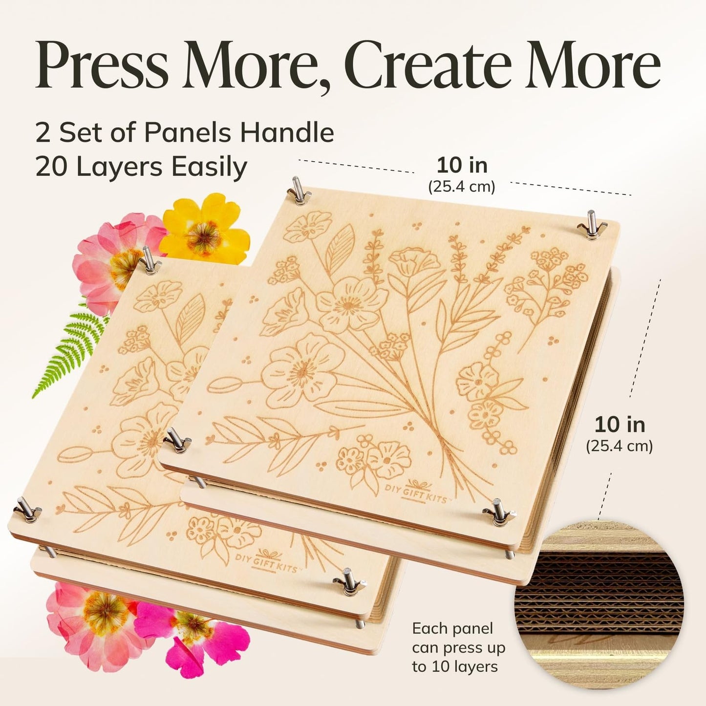 DIY Gift Kits Flower Press Kit - 20 Layers - 2 Sets of 10x10 Inch Wooden Panels - Easy Dried Flower Crafting and Preservation - Adult Beginner Gift Set