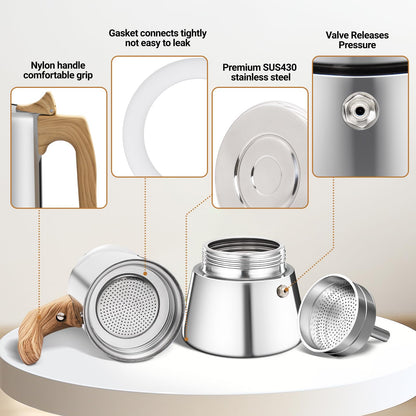 Vaolvpant No Coating 12 Cup Moka Pot Thickened 304 Stainless Steel Stovetop Espresso Coffee Maker 600ml 20oz Mocha Percolator Greca Cuban Ideal for Making Rich Authentic Italian Café
