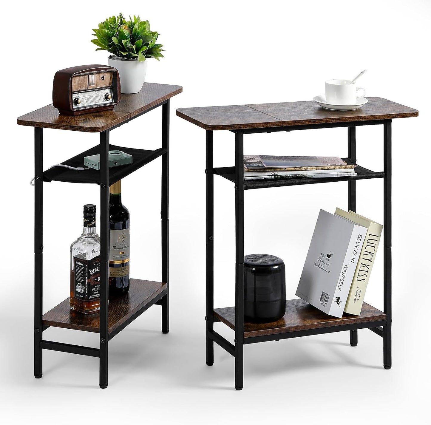 Tedheve 3-Tier Set 2 Side Table of for Living Room, Narrow End Table for Small Spaces with Wide Storage Top, Rustic