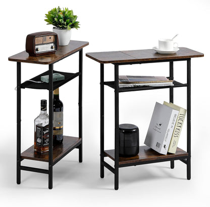 Tedheve 3-Tier Set 2 Side Table of for Living Room, Narrow End Table for Small Spaces with Wide Storage Top, Rustic