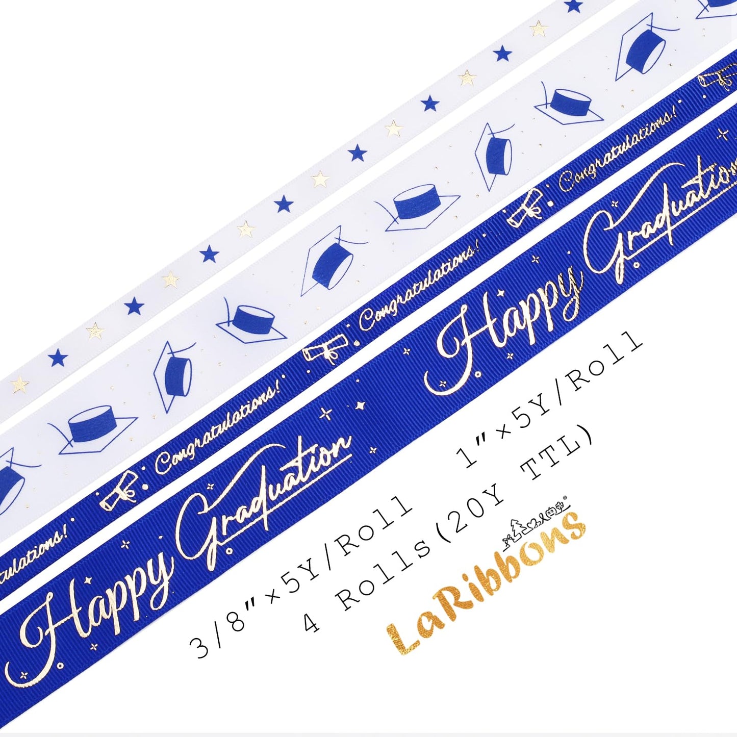 LaRibbons Graduation Ribbon 4 Rolls 1" and 3/8" 20 Yards TTL, Blue and White Gold Congrats Grad Satin Grosgrain Ribbon for Gift Wrapping Class of 2026 Grad Party Lei Making