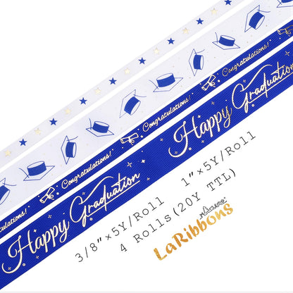 LaRibbons Graduation Ribbon 4 Rolls 1" and 3/8" 20 Yards TTL, Blue and White Gold Congrats Grad Satin Grosgrain Ribbon for Gift Wrapping Class of 2026 Grad Party Lei Making