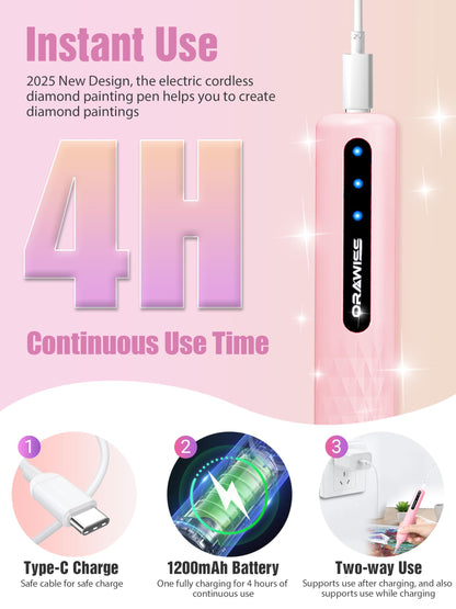 Electric Diamond Painting Pen, Vacuum Diamond Art Pen no Wax Needed | Cordless & Quiet | Rechargeable Battery | Lightweight Design | Diamond Art Accessories for Adults | Gift for Dimond Art Fan - Pink
