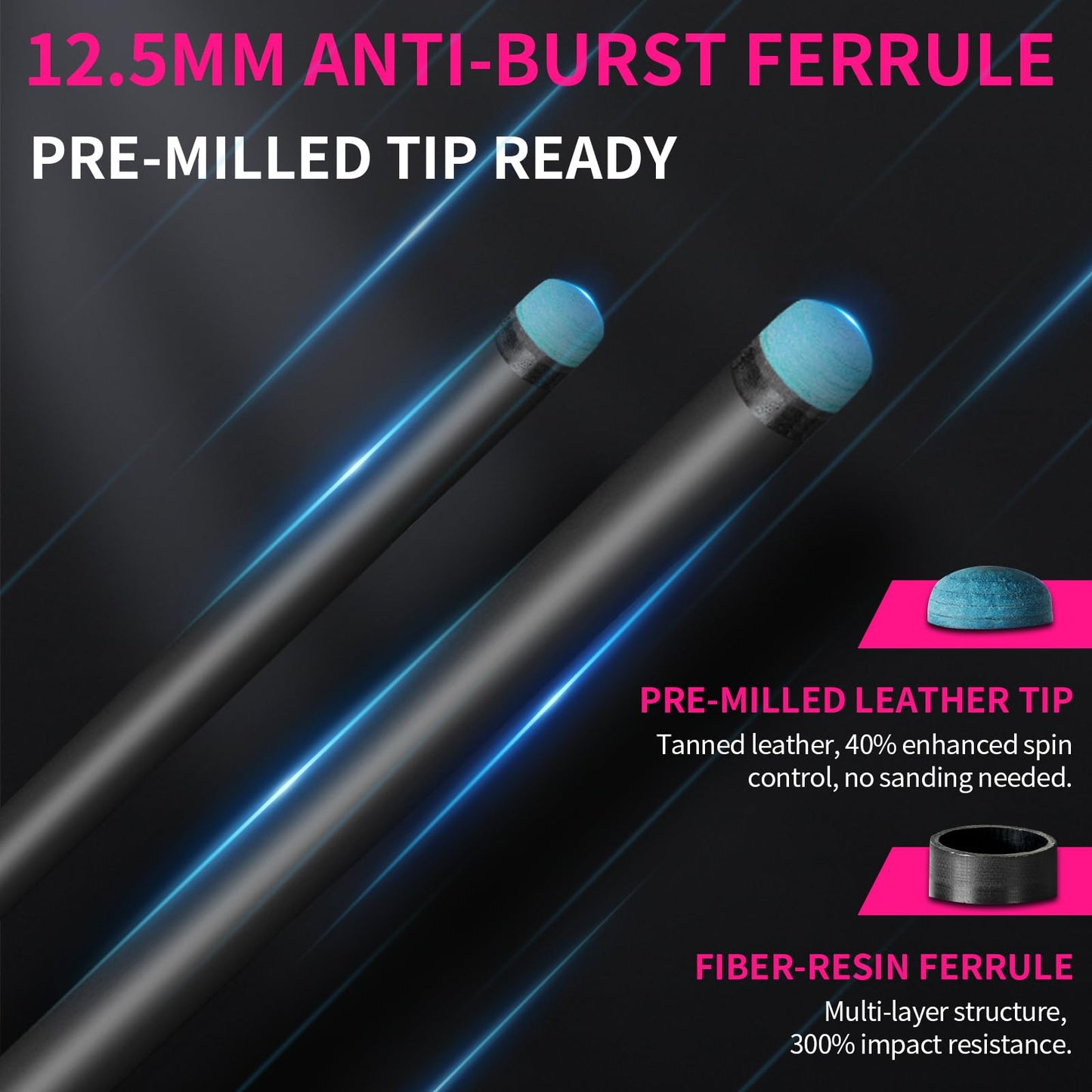 AKLOT Carbon Fiber Pool Cue Stick, 58”, 19oz, Low Deflection Pro Billiard Stick, 12.5mm Tip, Maple Butt & Buffalo Leather Grip Weight Adjustment, Pool Cue Kit with Case,Tips (Rose Phantom)