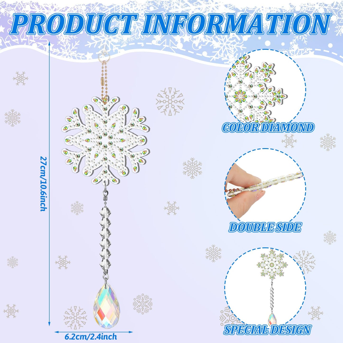 Geetery 8 Pcs Winter Diamond Art Painting Wind Chime Snowflake Diamond Art Suncatcher Kits Double Sided Art Kits with Crystal Pendant Hanging Ornament for Adults Home Decor