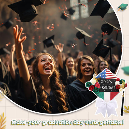WinnerWhy 51Pcs DIY Mexican American Flag Graduation Cap Decorations 2026 Handmade Mexican American Grad Hat kit Included Faux Flower Heads Letter 3D Butterfly Stickers for Craft Graduation Cap Topper