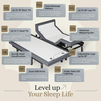 Sven & Son Harmony Adjustable Bed Base, Head and Foot Lift, Massage, Under-Bed Lights, USB, Gel Memory, Zero Gravity Smart Frame - Split King + 12 inch Memory Foam Matt (Medium)