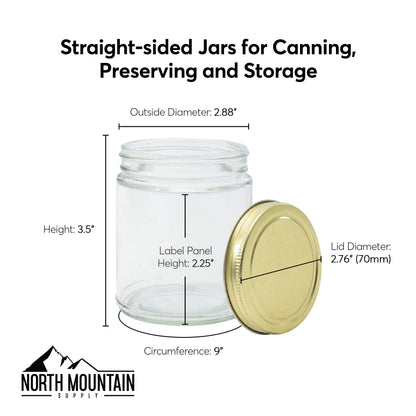 North Mountain Supply 9 Ounce Clear Glass Straight Sided Mason Canning Jars- With 70mm Black Plastic Lids - Case of 12