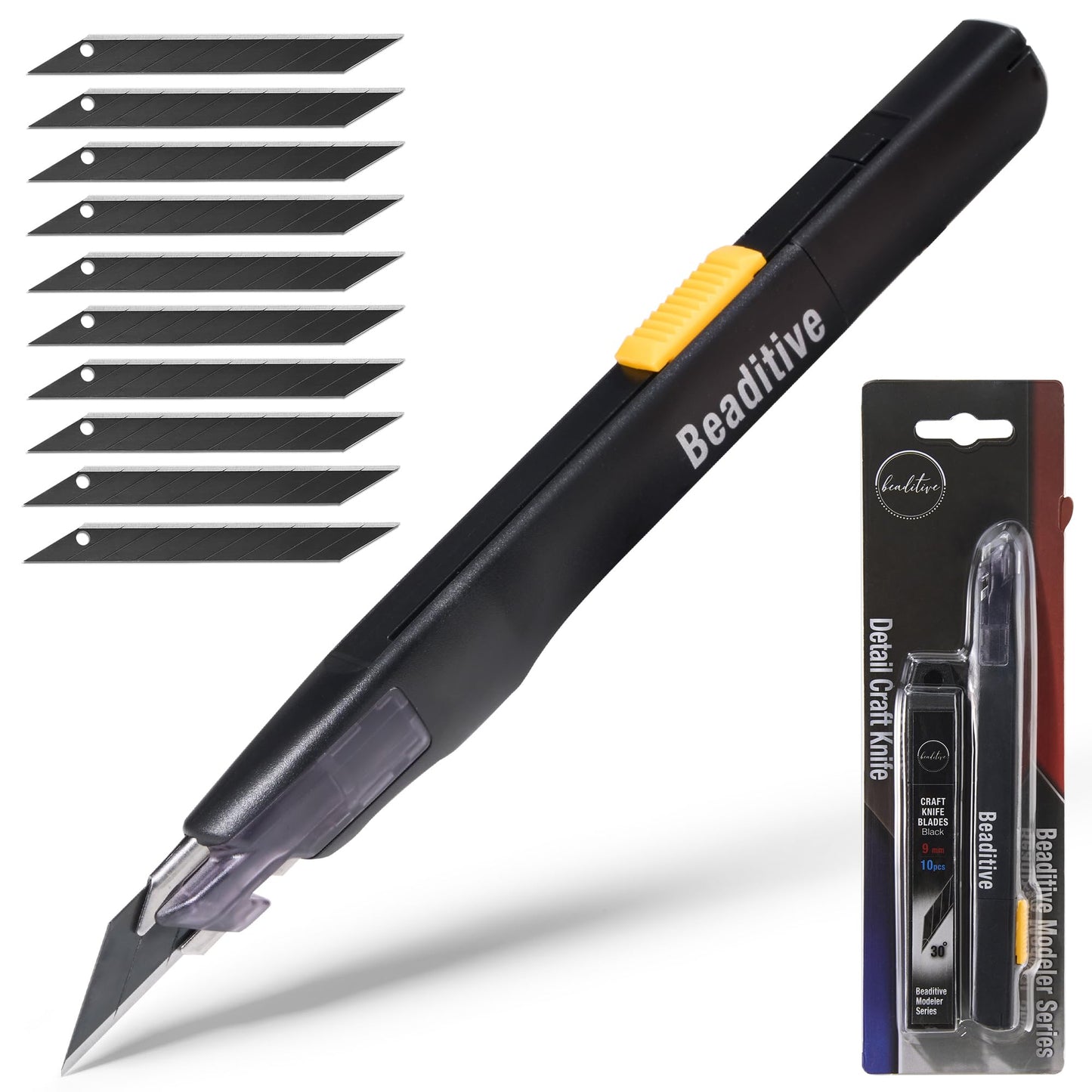 Beaditive High Precision Detail Craft Knife with 10 Blades - 30 Degree Blade Utility Knife - Art, Craft, Model Making (1 Black Knife, 10 Black Blades)