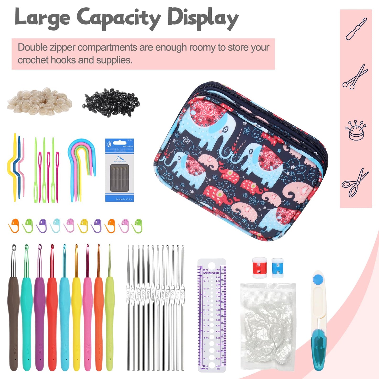 Katech Portable Travel Crochet Storage Bag Organizer with Zipper, Web Pocket and Crochet Holder Slots for Knitting Accessories (Elephant Pattern)