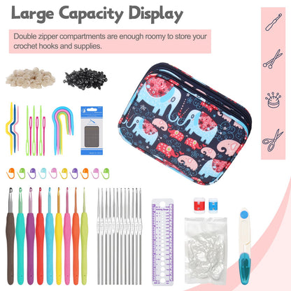 Katech Portable Travel Crochet Storage Bag Organizer with Zipper, Web Pocket and Crochet Holder Slots for Knitting Accessories (Elephant Pattern)