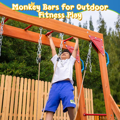 Dolphin Playground Cedar Wooden Swing Sets, Outdoor Playset with Monkey Bar, Heavy Duty Backyard Playset for Kids 3-10, 2-in-1 Picnic Table, 6FT Wave Slide, Climbing Wall, Belt Swings