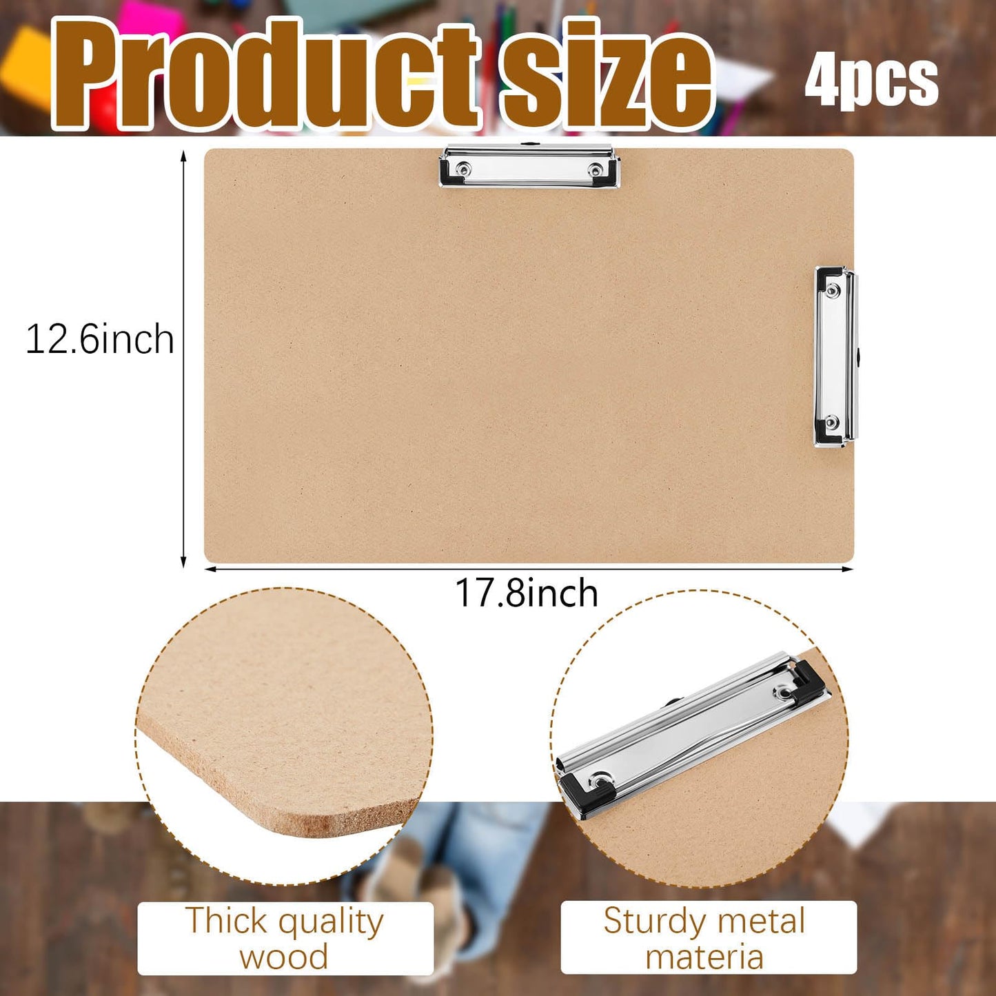Henoyso 4 Pcs 11 x 17 Clipboards Wooden Lap Boards with Low Profile Clip Double Clip, Extra Large Landscape Hardboard Drawing Boards Horizontal Brown Clipboard for Drafting Board & Sketch Board Use