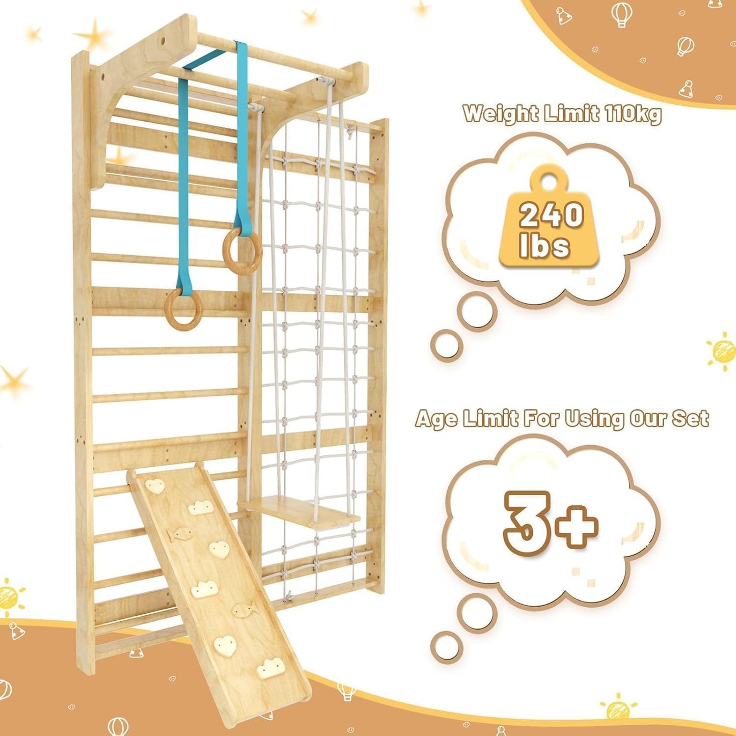 7-in-1 Swedish Ladder, Wooden Climbing Wall Ladder for Kids and Adults, Montessori Climber Playset with Pull-Up Bar, Indoor Climbing Gym, Kids Playground