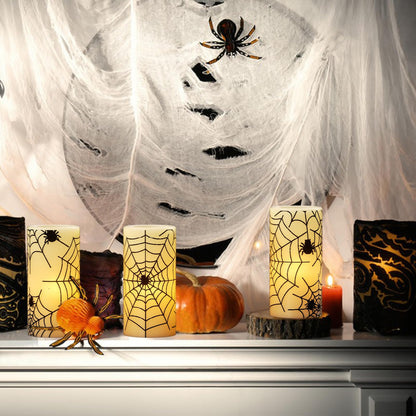 Eldnacele Halloween Flameless Candles with Timer,Battery Operated Spider Cobweb Decal Flickering Candles Real Wax LED Pillar Candle Set of 3 for Holiday Indoor Home Spooky Decor(3×6 Inches)