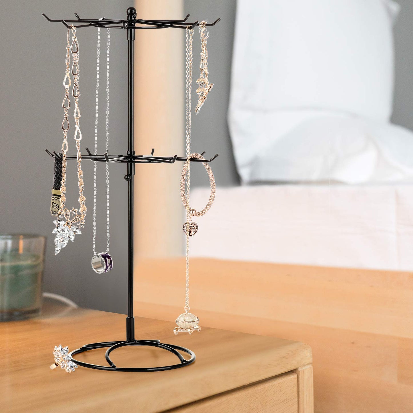 2 Tier Jewelry Display Holder,Retail Spinner Display Stand,Rotating Bracelet Storage Rack,Dressing Table,Black