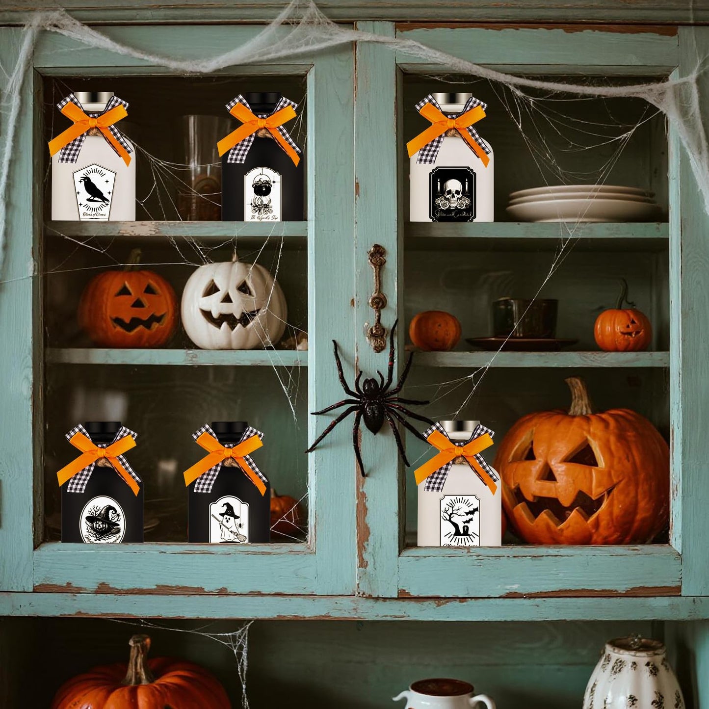 Acellegic 6 Pcs Potion Bottles Halloween Decoration Ceramic Apothecary Bottles Potion Jars with 6 Styles Scary Stickers Halloween Decorations for Tiered Tray Home Table Party Decoration