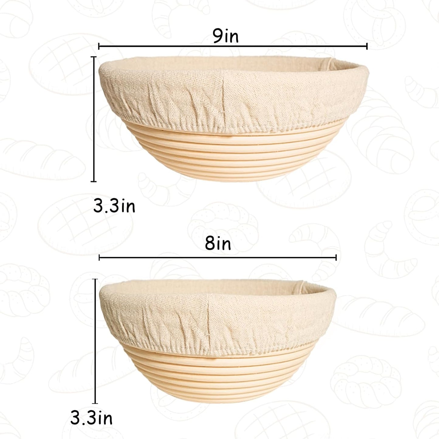 Bread Proofing Basket Set of 2, 8 Inch & 9 Inch Round, Rattan Basket Bowls with Bread Making Tools for Sourdough Baking