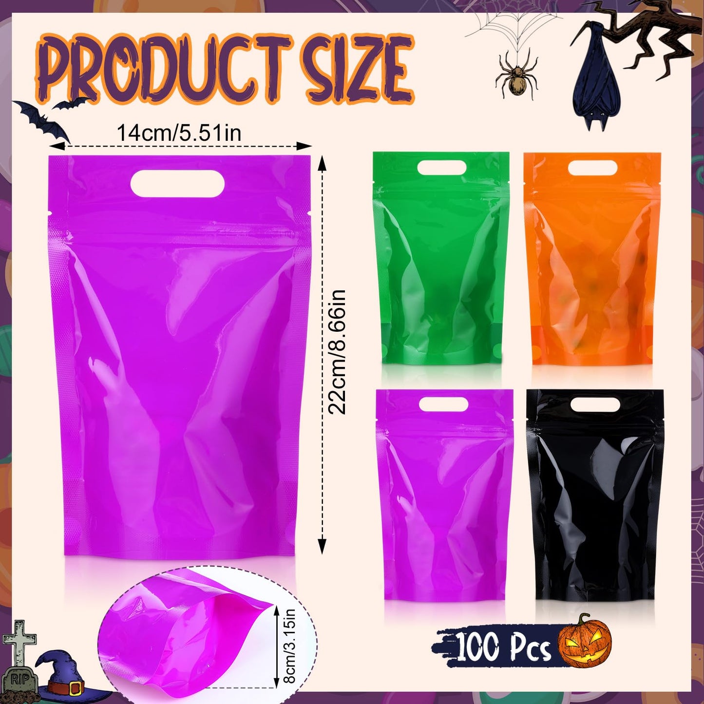 TaoBary 100 Pcs Halloween Resealable Treat Snack Candy Bags with Handle Halloween Plastic Goodie Bags Pouches with Window for Parties Gift Wrapping Supplies Small Business Cookies