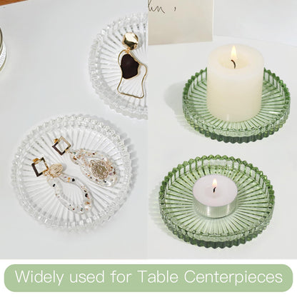 CHOCSTAY Glass Pillar Candle Holder, 4" Green Candle Plates Set of 3, Glass Candle Holders for Wedding, Party, Holiday, Home Decor, Table Centerpiece