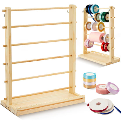 Menkxi 6 Tier Wooden Ribbon Organizer Ribbon Holder for Craft Room Storage Florist Spool Rack Wreath Making Supplies Gift Wrapping Organizer for Sewing Stabilizer Rolls Mothers Day Gift Spring Wedding
