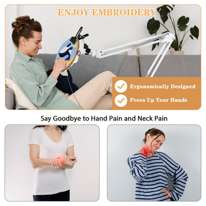 Adjustable Embroidery Hoops Stand for Hand Work,Cross Stitch Frame with 360° Rotation, Hands-Free Stitching,3-in-1 Hoop/Tablet/Phone Holder Floor Stand,White