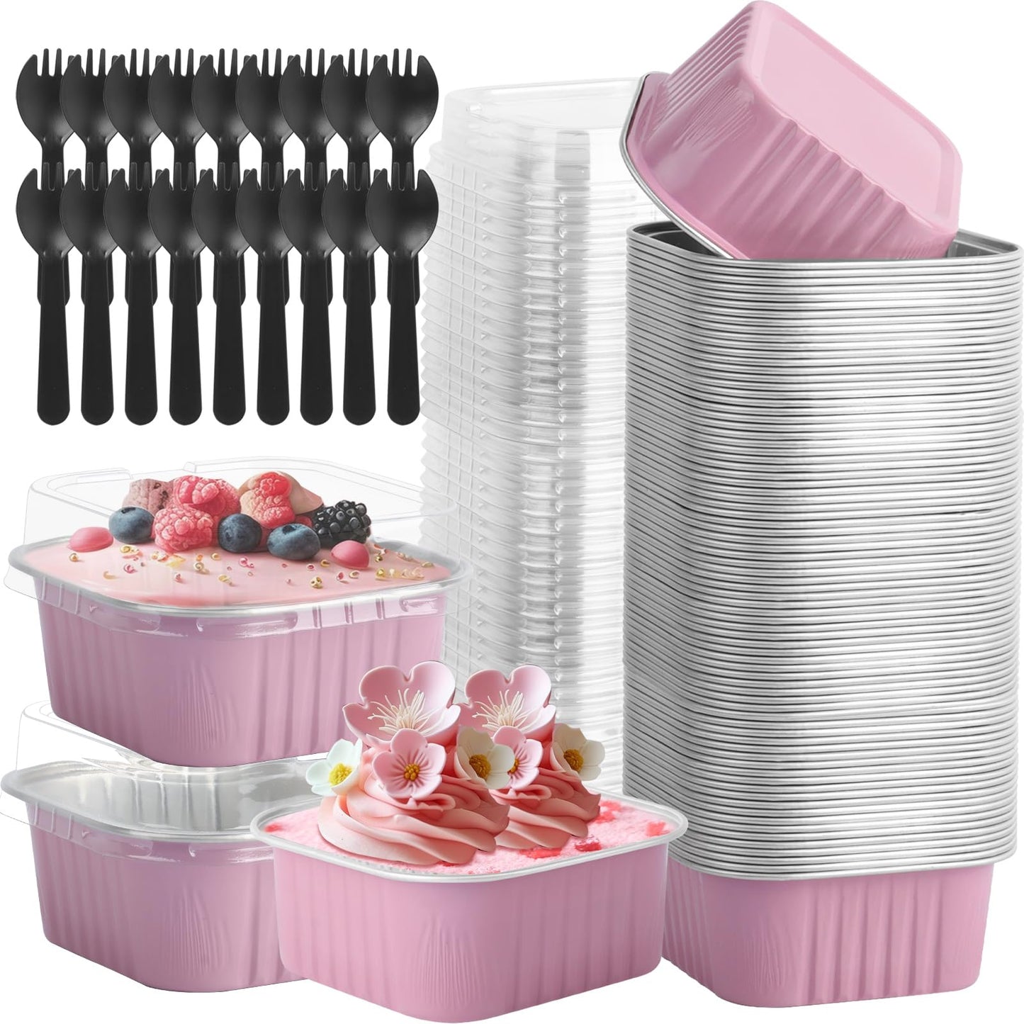 CXIIPOL 60 Pack Mini Square Cake Pans with lids and Spoons, 5 OZ Pink Disposable Ramekins Cake Pans, 3.5x3.5 Inch Aluminum Foil Baking Cups for Mother's Day, New Year, Anniversaries, Birthdays
