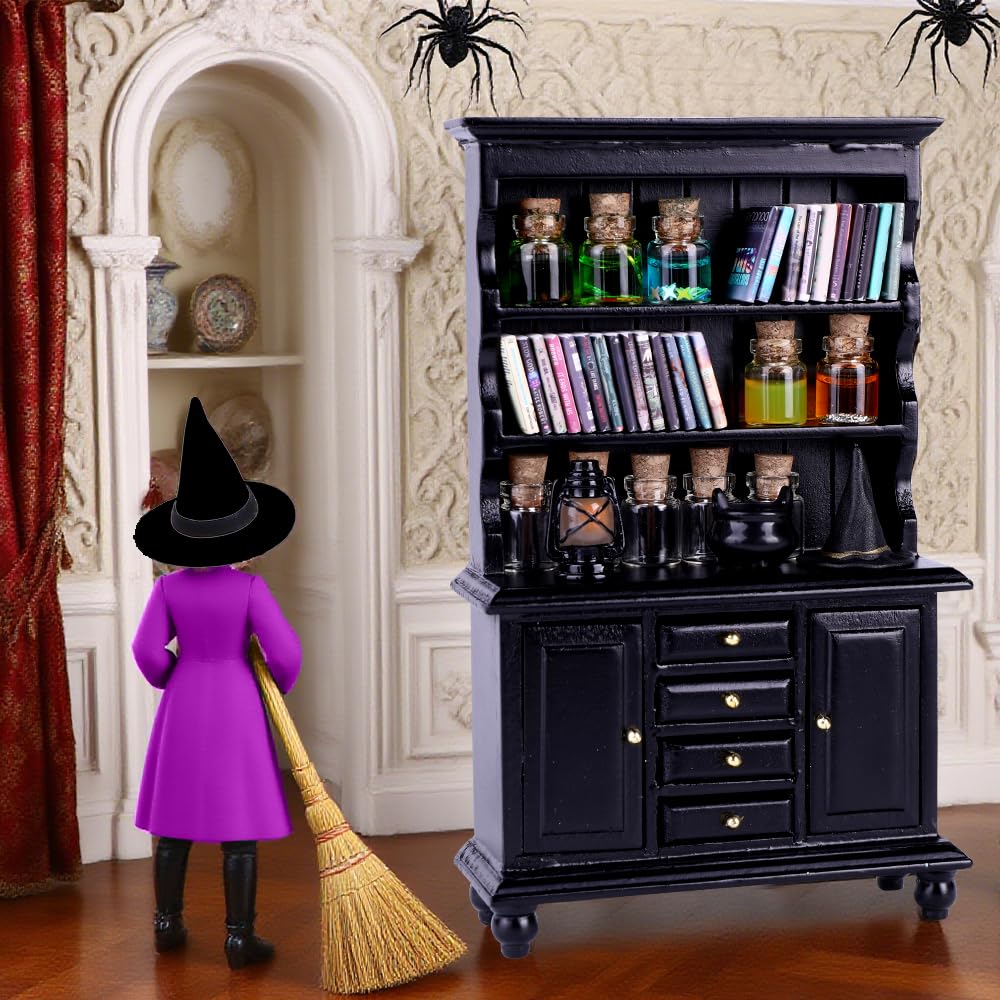 Celltestria 56 Pcs Halloween Miniatures Decorations 1:12 Scale Magic House Accessories Mini Wooden Bookshelf Furniture Set Tiny Sorcery Bottles Books Desk Chair Witch Hat Dollhouse Decor