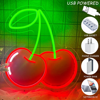 Cherry Neon Sign for Wall Decor, Dimmable Red Printed Cherries Neon Lights, Vibrant Fruit Themed Neons LED Signs for Kids Room, Bedroom, Restaurant, Bar, Club, Fruit Shop, Birthday Party (Cherry)