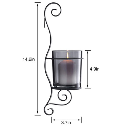 Danya B. 14.5" Vintage Black Wall Sconce Candle Holder Set of 2 with Smoke Glass Hurricanes and Iron Metal Frames, Rustic Style, for Standard Pillar or Flame-Less LED Candles