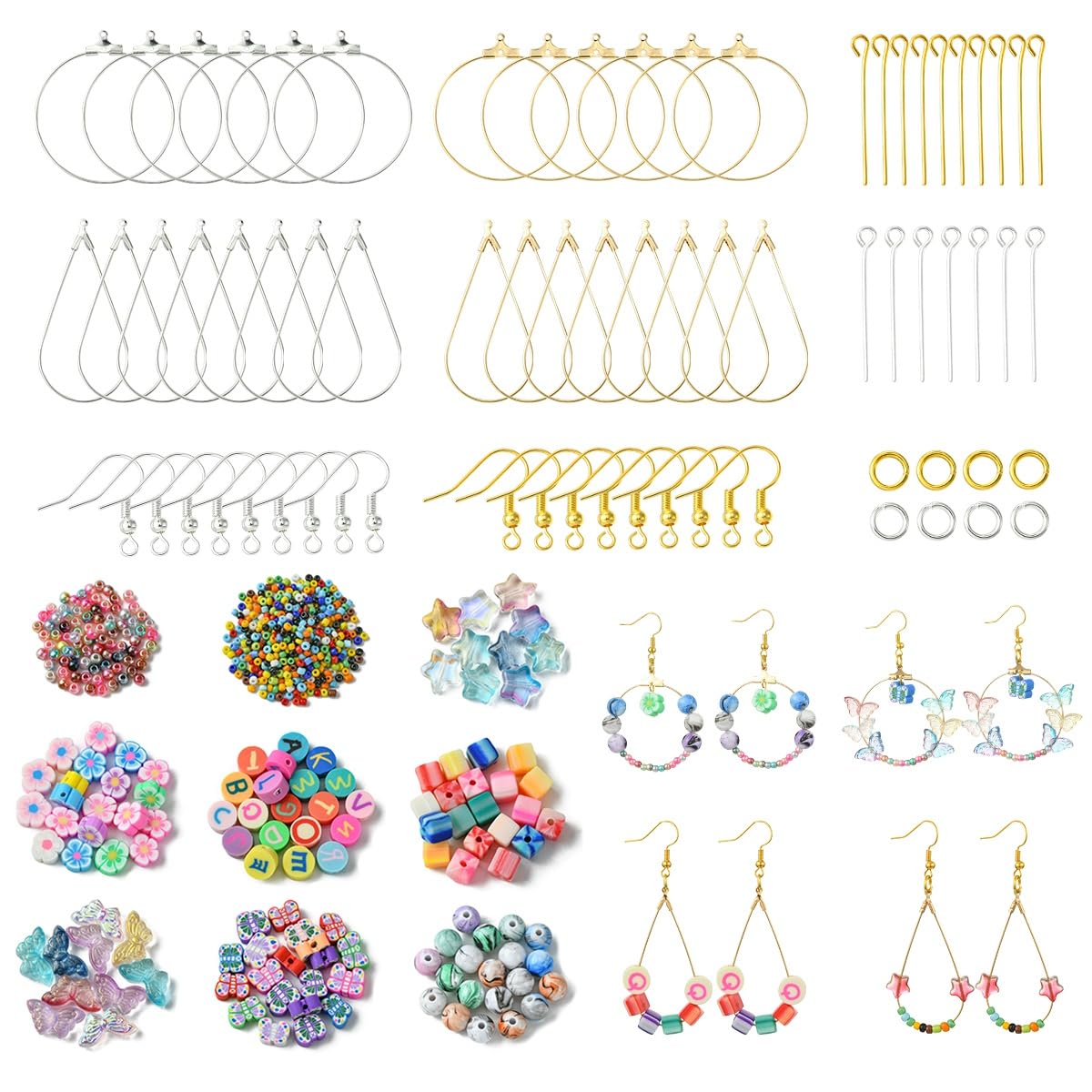 Echoed Elegance DIY Earring Making Kit with Butterfly Glass, Flower Polymer Clay Beads, Mixed Color Metal Findings, Storage Box for Dangle Earrings, Hoop Earrings and Personalized Gifts
