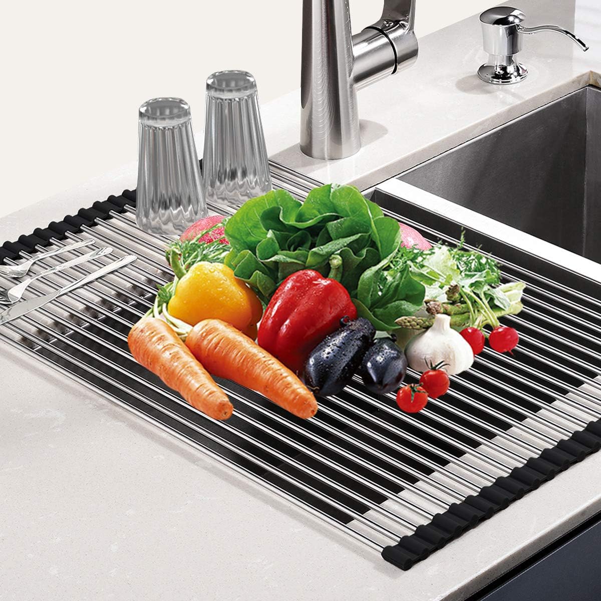 Roll Up Dish Drying Rack, Over The Sink Kitchen Rolling Dish Drainer, Foldable Sink Rack Mat (17.8"x11.8")