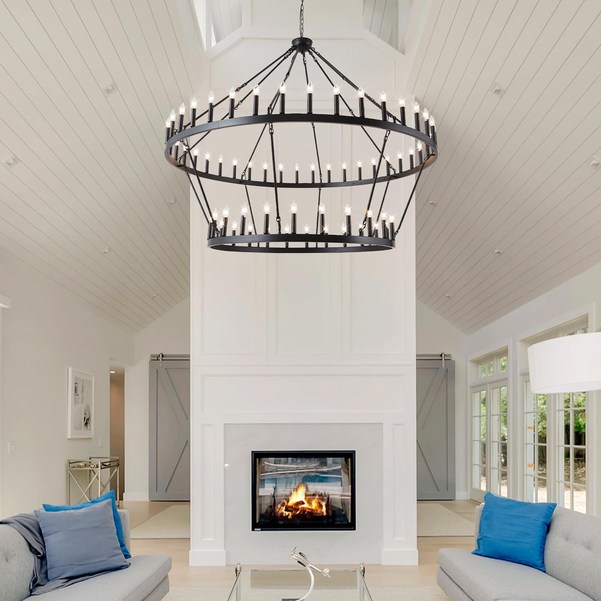 VBKK Wagon Wheel Chandelier Farmhouse 2 Tier 64-Light 70-Inch, Black Industrial Chandelier Rustic Candle Pendant Light Fixture Extra Large for High Ceilings, Dining Room, Living Room, Foyer, E12