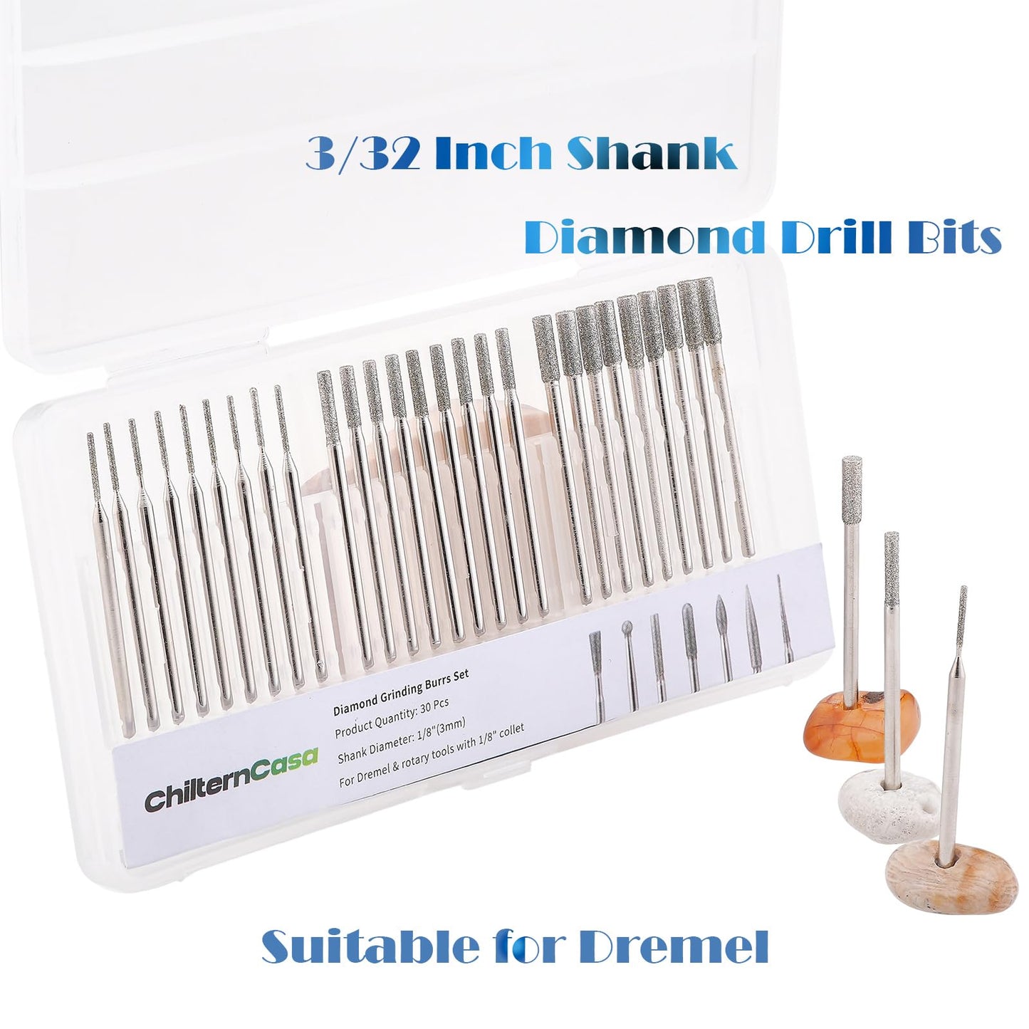 ChilternCasa 1mm-3mm Diamond Drill Bits for Stone, Grinding Bit Set 2.35mm Shank with Collet Rotary Tools for Dremel Drilling Glass, Gemstones & Jewelry - Pack of 30