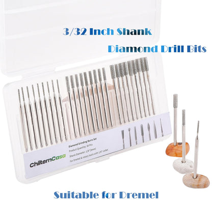 ChilternCasa 1mm-3mm Diamond Drill Bits for Stone, Grinding Bit Set 2.35mm Shank with Collet Rotary Tools for Dremel Drilling Glass, Gemstones & Jewelry - Pack of 30