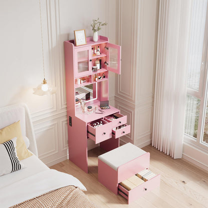 Hetoy 3-in-1 Vanity Desk with Sliding LED Mirror, AC Outlets & USB-C, 4 Drawers, Acrylic Doors, Storage Stool, Cushioned Chair - Complete Makeup Dressing Table Set for Bedroom - Pink