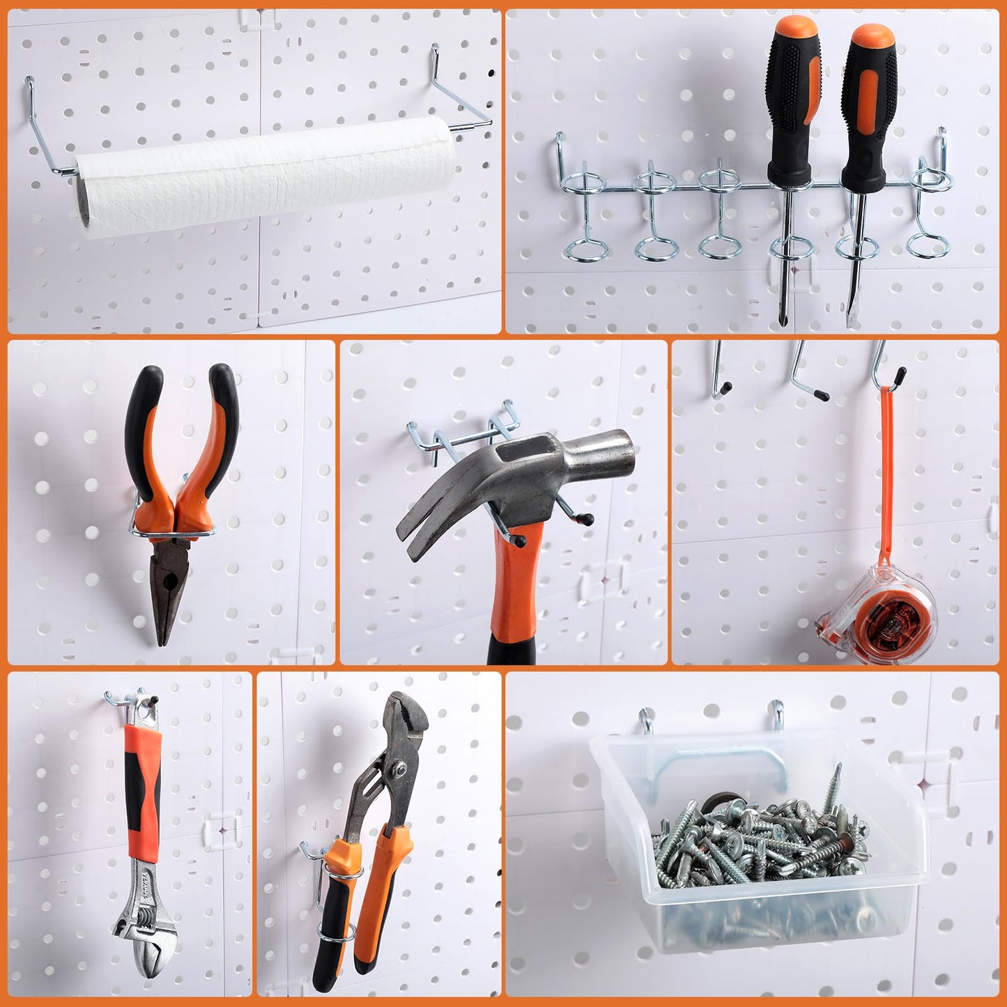 Zubebe 106 Pcs Pegboard Hooks Assortment with Bins, Pegboard Accessories Organizer Kit Include Bins with Hooks and Loops Paper Towel Craft Holder for Hanging Tool(Silver, Clear)