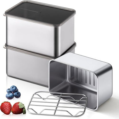 Hushee 3-Piece Stainless Steel Food Storage Containers - Airtight with Removable Drain Tray, 30 oz