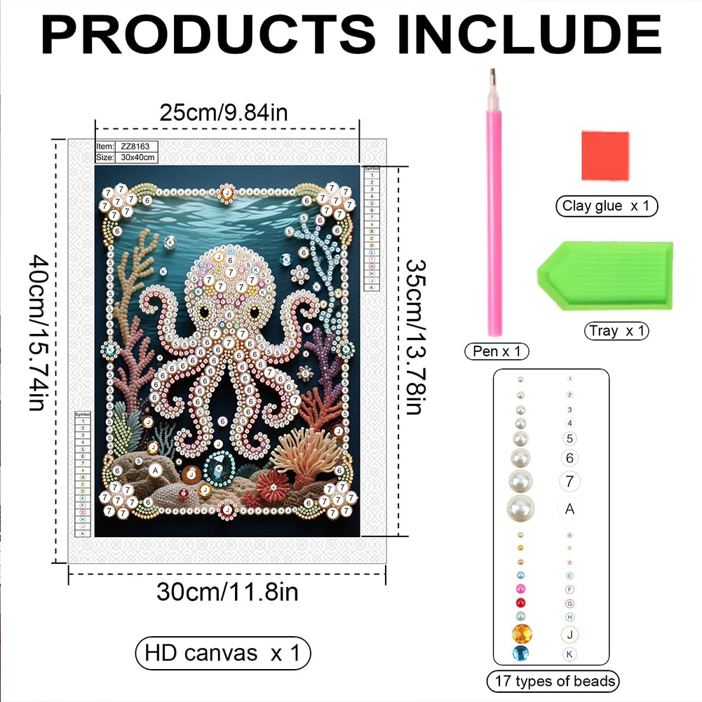 Kulvci Octopus DIY 5D Pearl Painting Kit, Diamond Painting Kit for Adults Beginner, Bead Art Kits All-Pearl Dot Painting for Wall Decor, Creative Stress Relief Gift Home Decor,12 × 16 inch