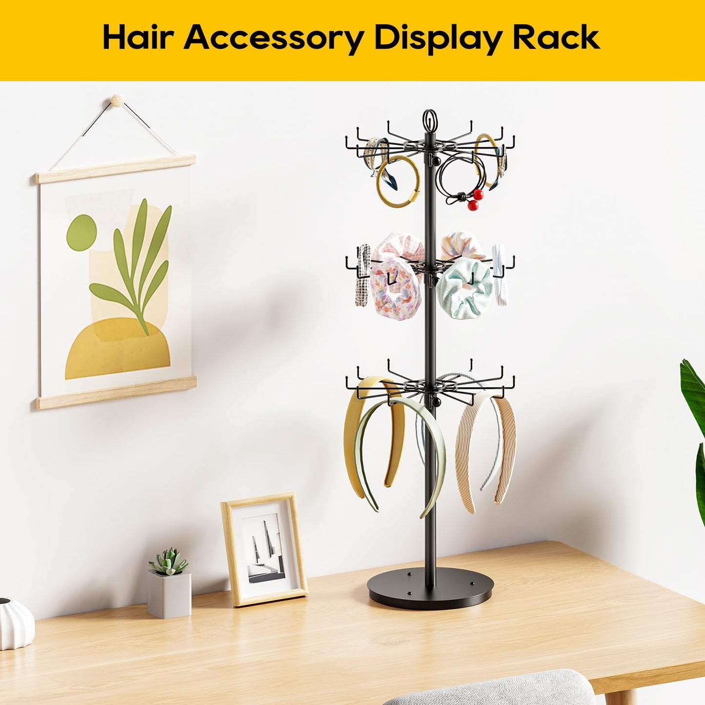 ORLESS 3 Tier Rotating Jewelry Display Stand, Keychain Display Stand with 36 Hooks, Black Metal Retail Display Spinning Holder for Vendor, Spinning Display Rack for Necklace Bracelet Earring Organizer