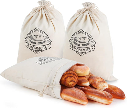 3-Pack 12x17.5 Inch Linen Bread Bags for Homemade Bread & Sourdough, Unbleached with TPU Lining - Reusable Washable
