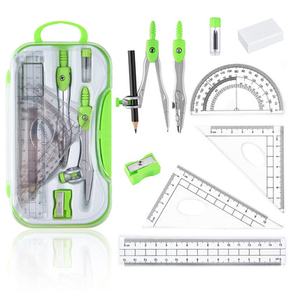 Coopay 2 Sets Math Geometry Kit, 10 Pieces Student Supplies Per Set Includes Ruler, Triangles, Protractor, Compass, Eraser, Pencil Sharpener, Lead Refills, Pencil, for Drafting and Drawings