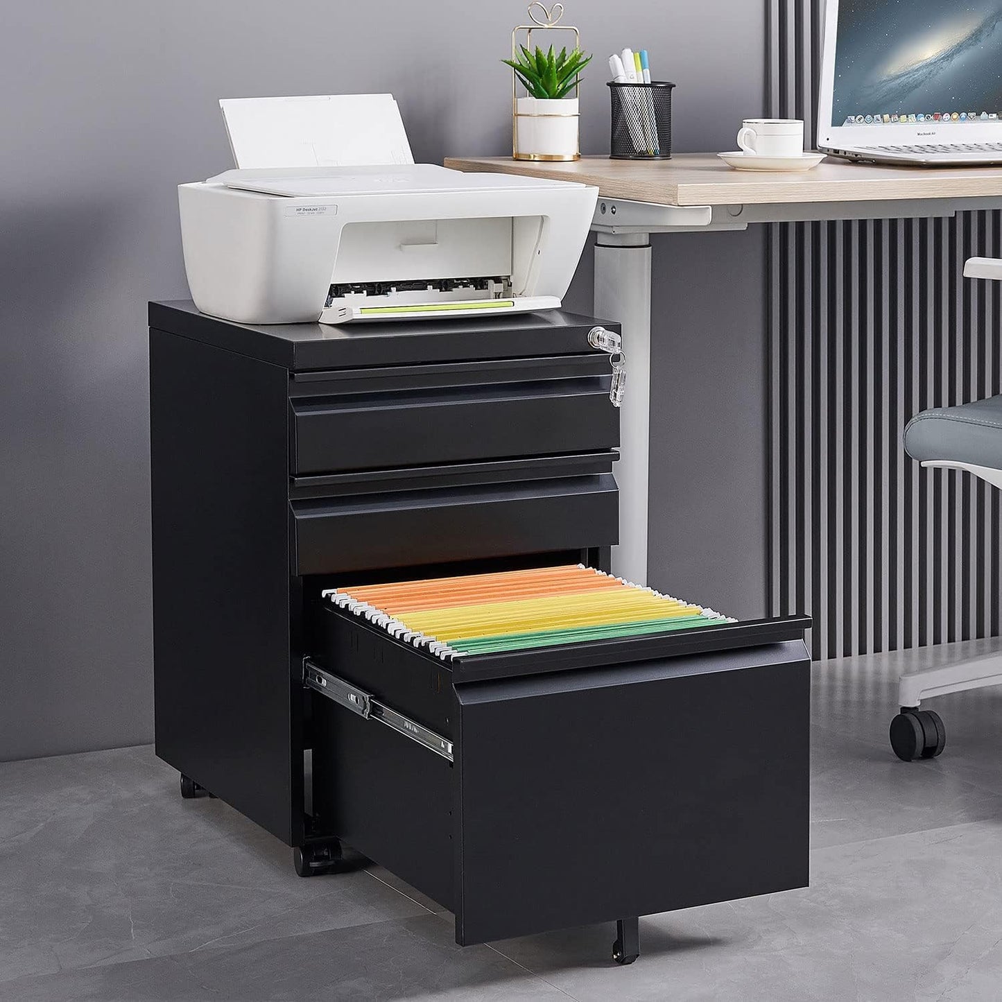 Oasecrilio 3 Drawer Filing Cabinet, Mobile Filing Cabinet for Home Office, Locking File Cabinets for A4/Letter/Legal Size File Folders, Fully Assembled, Matte Black