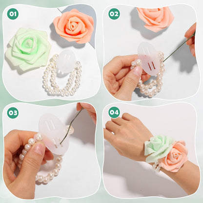 Paxcoo Floral Tape and Floral Wire Arrangement Tool Kit with Green Tape, Floral Wire, Boutonniere Flower pin, Cutter, White Ribbon and Elastic Pearl Wrist Corsage Bands for Bouquets