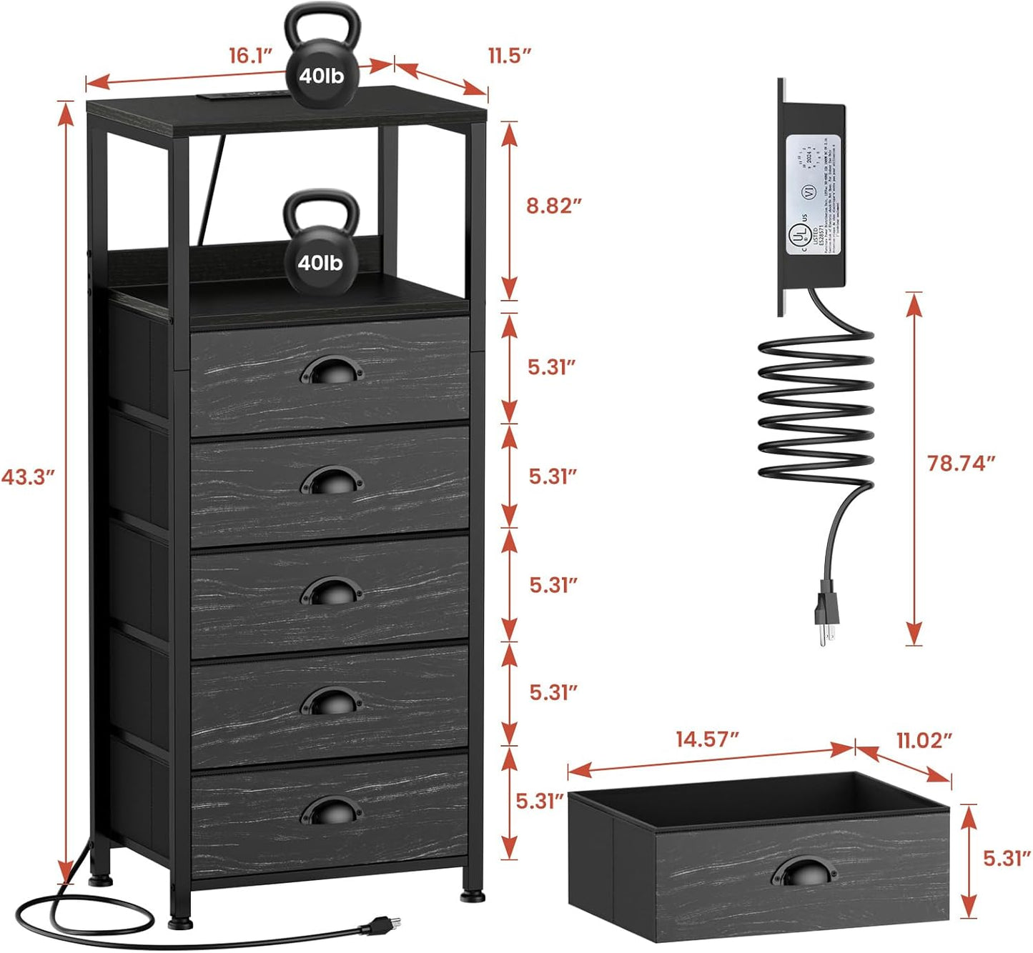 5-Drawer Dresser with Charging Station & Voice Control LED Light, Modern Bedside Table with USB/Type-C Ports